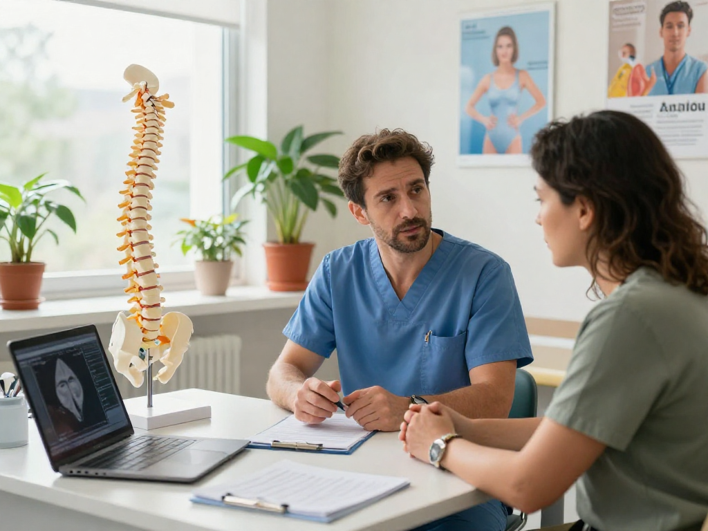 Consultation scene discussing dar kanal ameliyatı between surgeon and patient in a health clinic