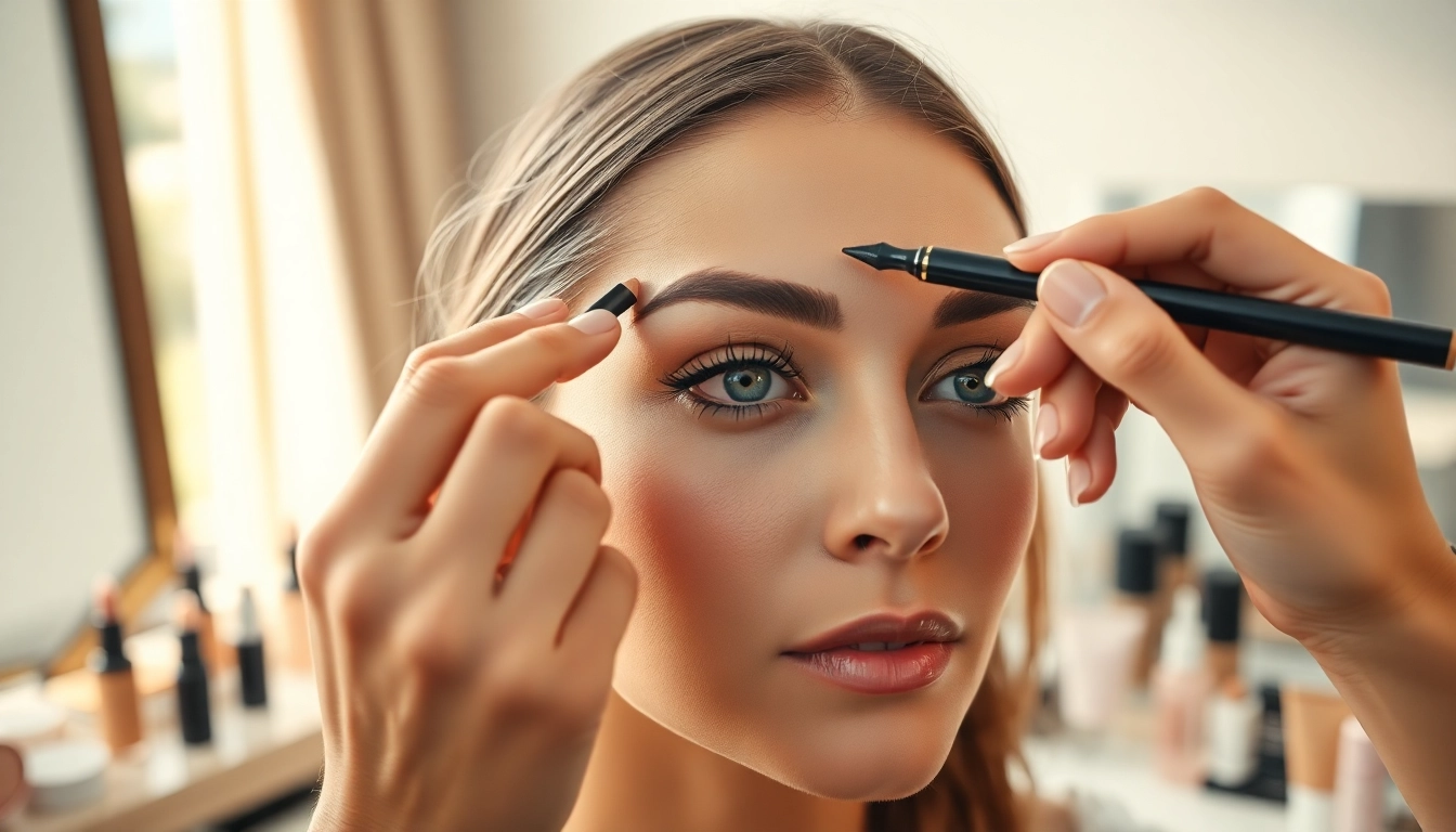 Applying eyebrow pencil light brown for perfect brow shaping in a serene makeup setting.
