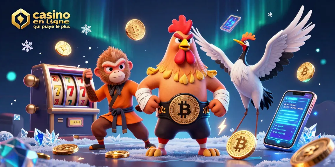 Illustration d'un casino en ligne qui paye le plus avec un coq muay thaï et un singe karaté, entourés de pièces Bitcoin.