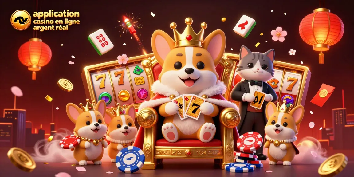 Illustration d'application casino en ligne argent réel avec des corgis royaux sur un trône de jetons, entourés d'éléments de jeu.