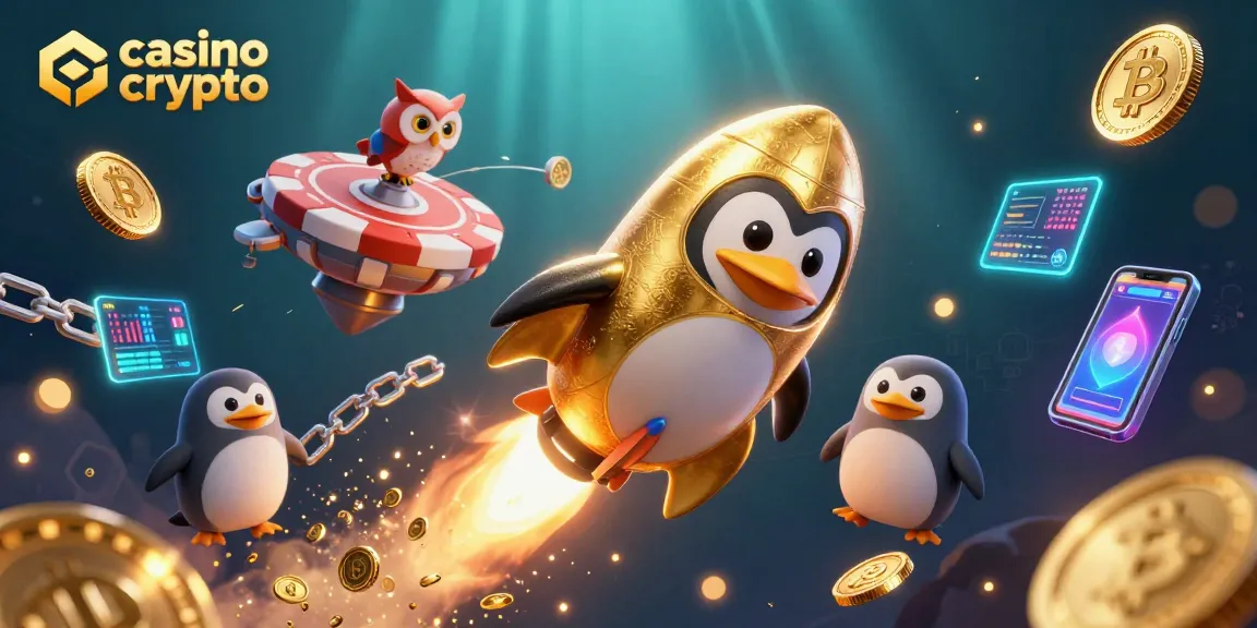 Plongez dans le monde du casino crypto avec un pingouin doré propulsé par une fusée, dispersant des pièces tout en s'approchant d'une station spatiale en forme de jeton de poker.