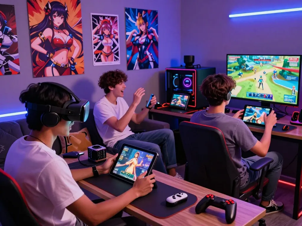 Players enjoying a hentai game in a modern gaming room with vibrant décor and dynamic atmosphere.