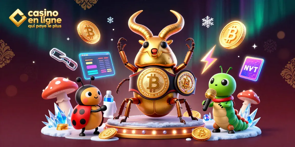 Illustration dynamique d'un casino en ligne qui paye le plus, avec un scarabée doré en ceinture de champion, pièces de crypto-monnaie et effets lumineux.