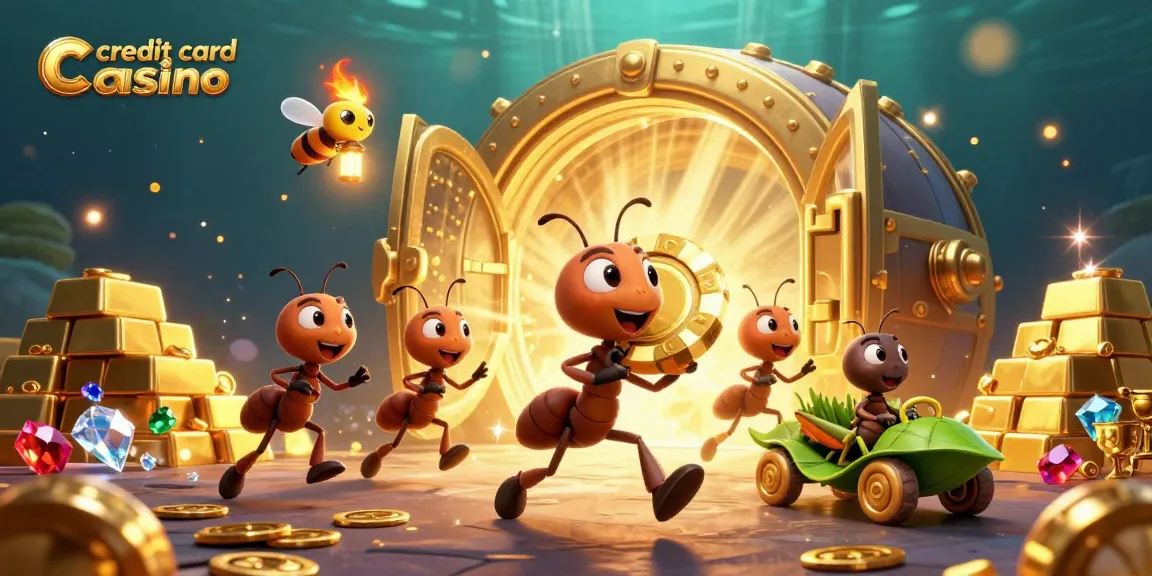 Engage in thrilling excitement at credit card casinos with ants heisting a giant poker chip amidst sparkling treasures.