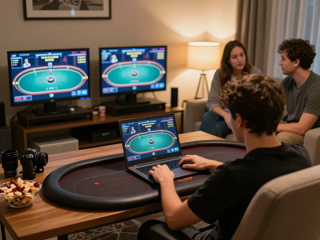 Engaging Poker Online action scene featuring players immersed at home with multiple screens showing gaming strategies