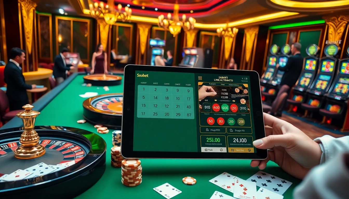 Experience sbobet link alternatif through an exciting casino scene featuring roulette, poker tables, and vibrant slot machines.
