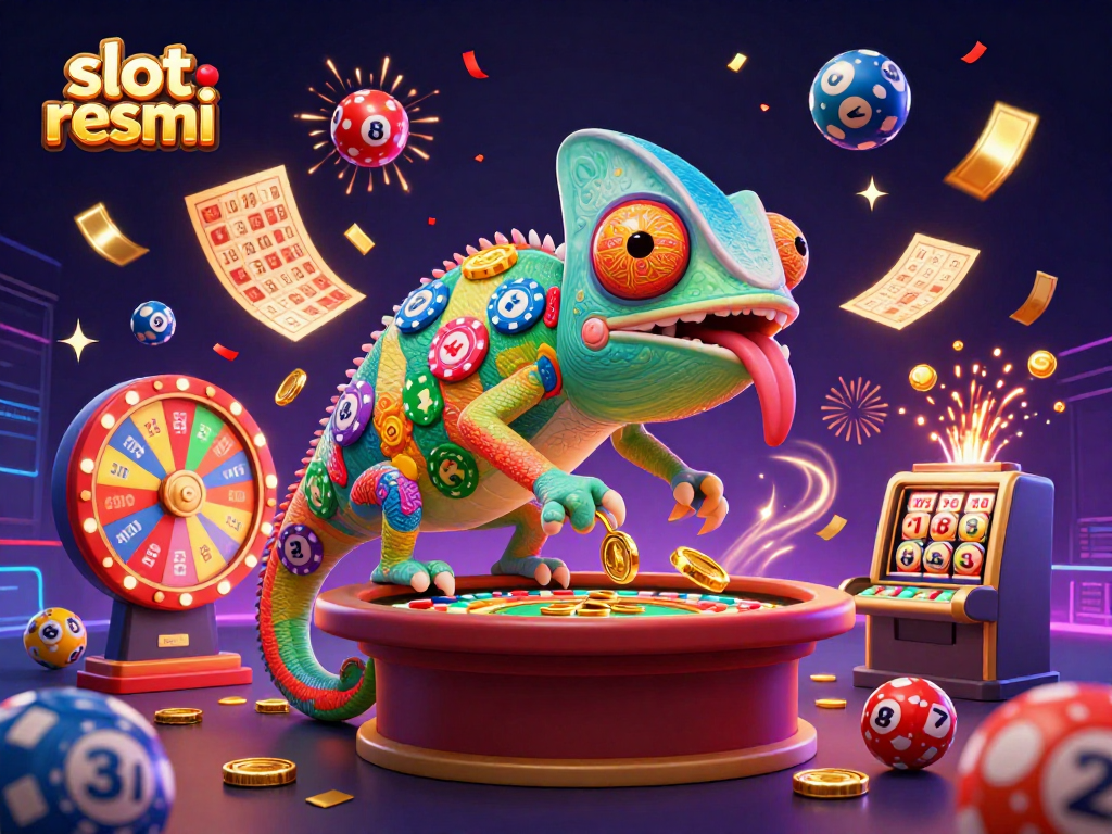 Engage with slot resmi games featuring a vibrant chameleon casino owner among colorful elements.