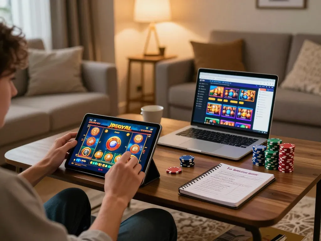 Engaged player using JPROYAL on a tablet in a cozy home setting with betting strategies.