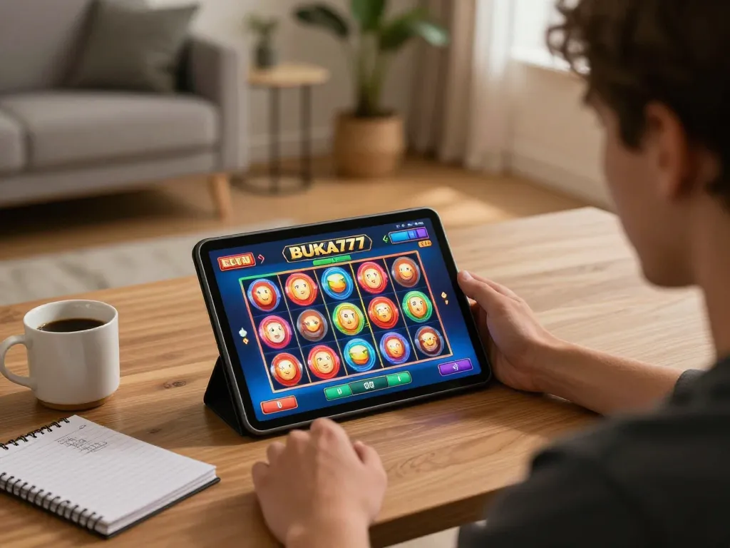 Experience thrilling gameplay at BUKA77 SLOT on tablet in a cozy home setting
