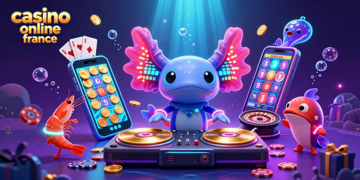 Illustration de casino en ligne France avec un DJ axolotl sous-marin et un jeu de machines à sous.