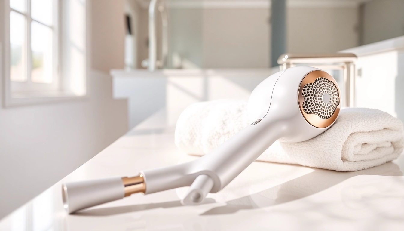 Styling with a hair dryer for fine hair, showcasing modern design and features.
