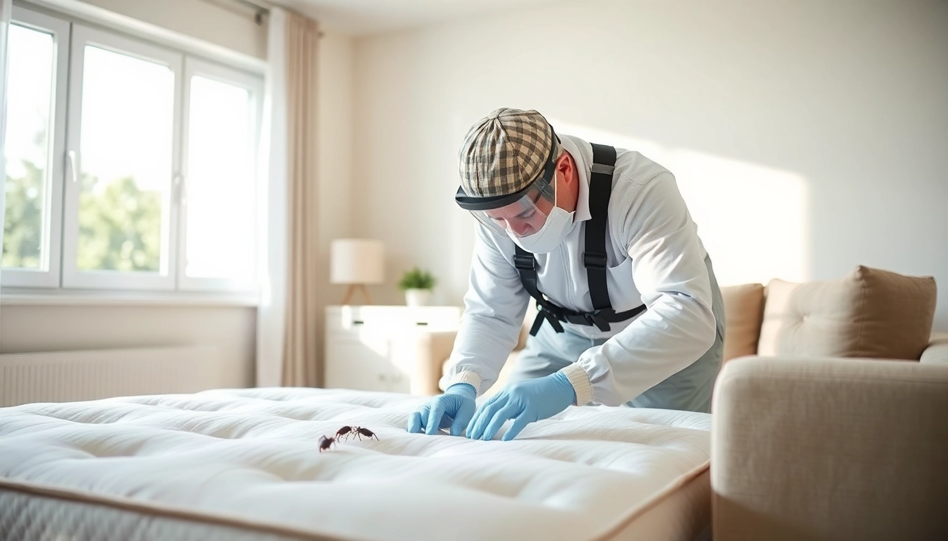 Professional exterminator assessing bed bug situation for a bed bug company near me