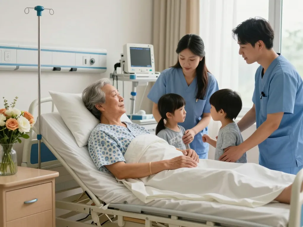 Patient resting on giường bệnh nhân in a cozy hospital room with caring family and medical staff.