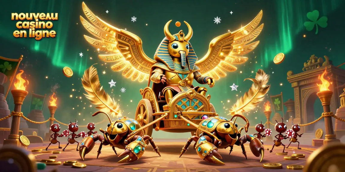 Illustration dynamique de "nouveau casino en ligne" avec un scarabée doré et des scorpions, jetons de poker en jeu.