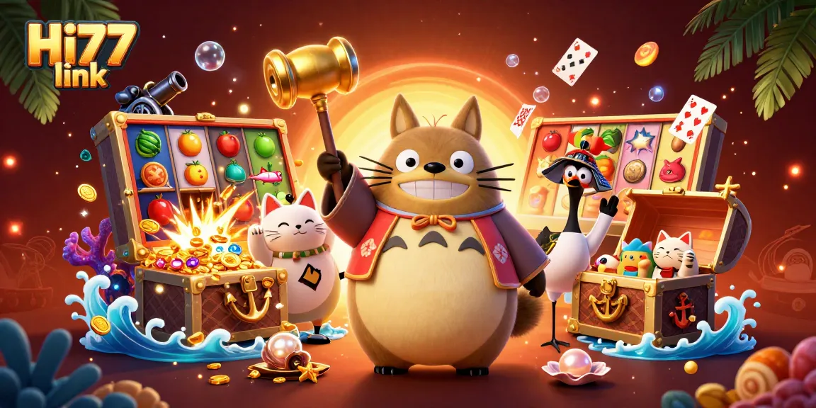 Engage with Hi77 link in a vibrant casino scene featuring cheerful tanuki and lucky cat characters amidst dynamic gambling elements.