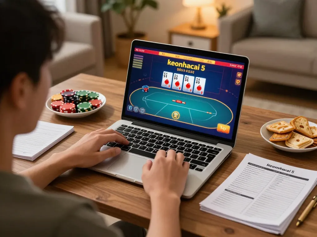 Engaged player strategizing on keonhacai 5 poker game at home, showcasing online gambling