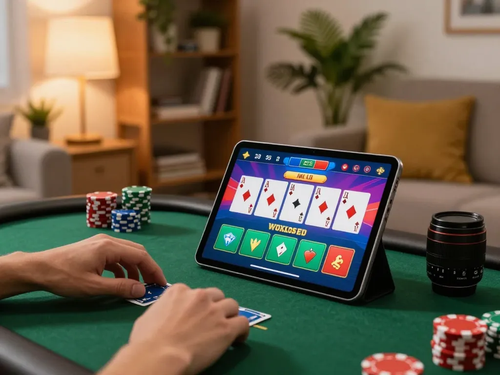 Engaged player using tt88 app on tablet in cozy home setting for online poker.