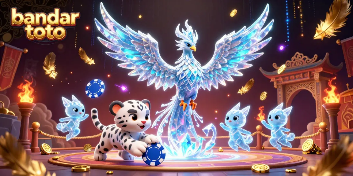 Engage with bandar toto, a vibrant scene featuring an ice phoenix among gold coins and vivid gaming elements.