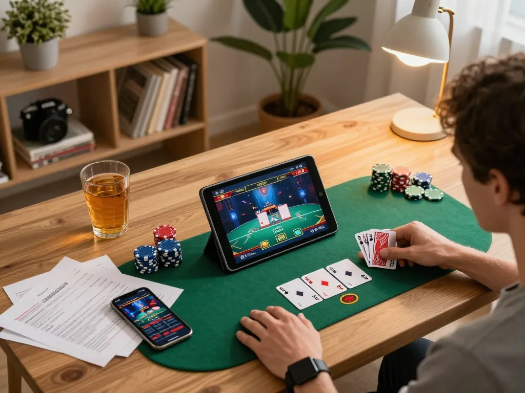 Engaged player exploring poker strategies on 789bet tablet while capturing a vibrant home atmosphere.