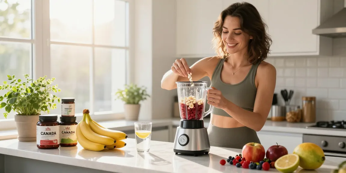 Measuring made in Canada supplements into a smoothie, surrounded by fresh fruits in a bright kitchen.