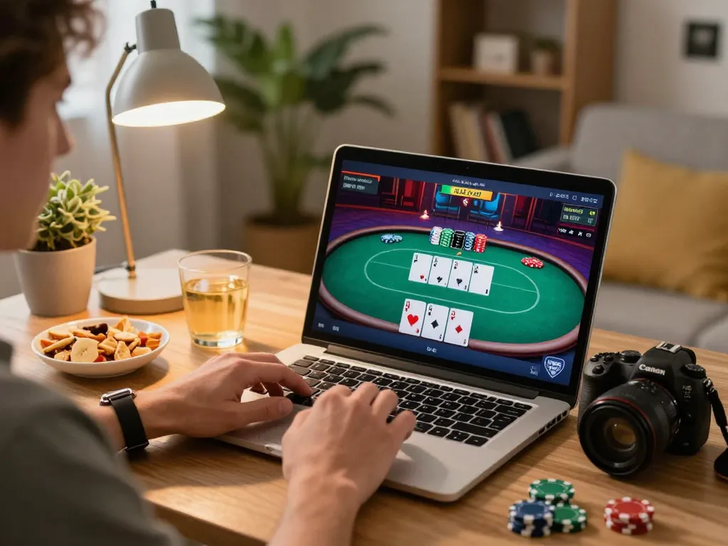 Pemain yang terlibat dalam permainan poker online, laptop menampilkan permainan yang dinamis dan catatan strategi yang terlihat.