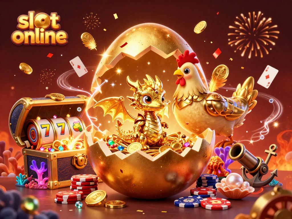 Experience thrilling slot online action with a golden dragon guarding poker chips amidst vibrant casino elements.