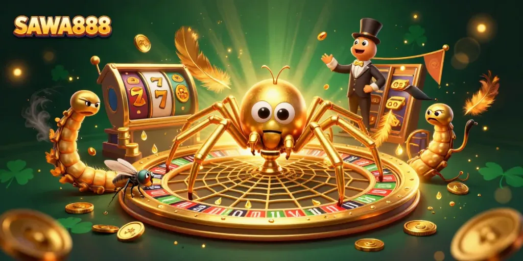 Experience the thrill of betting with SAWA888 in this dynamic 3D casino scene featuring a unique roulette wheel.