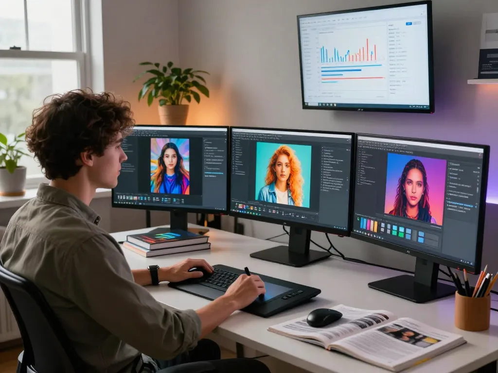 AI image to prompt ai process in a modern studio with vibrant visuals and tech.