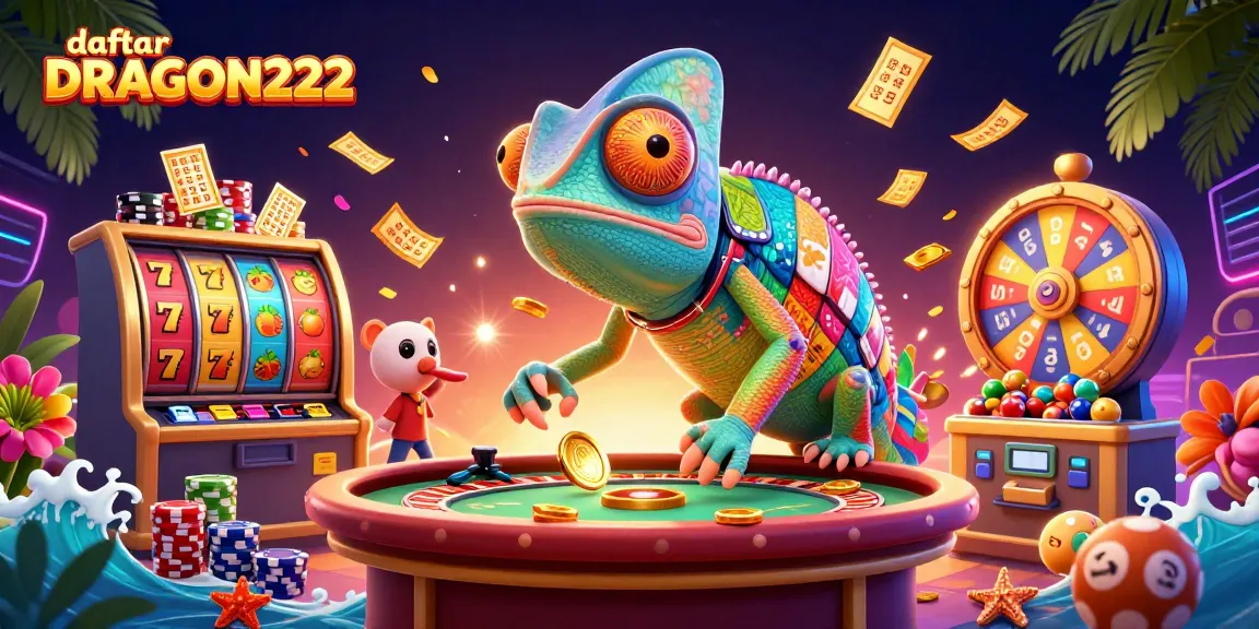 Join the excitement at daftar DRAGON222, where vibrant slots and a chameleon character create an enchanting casino scene.
