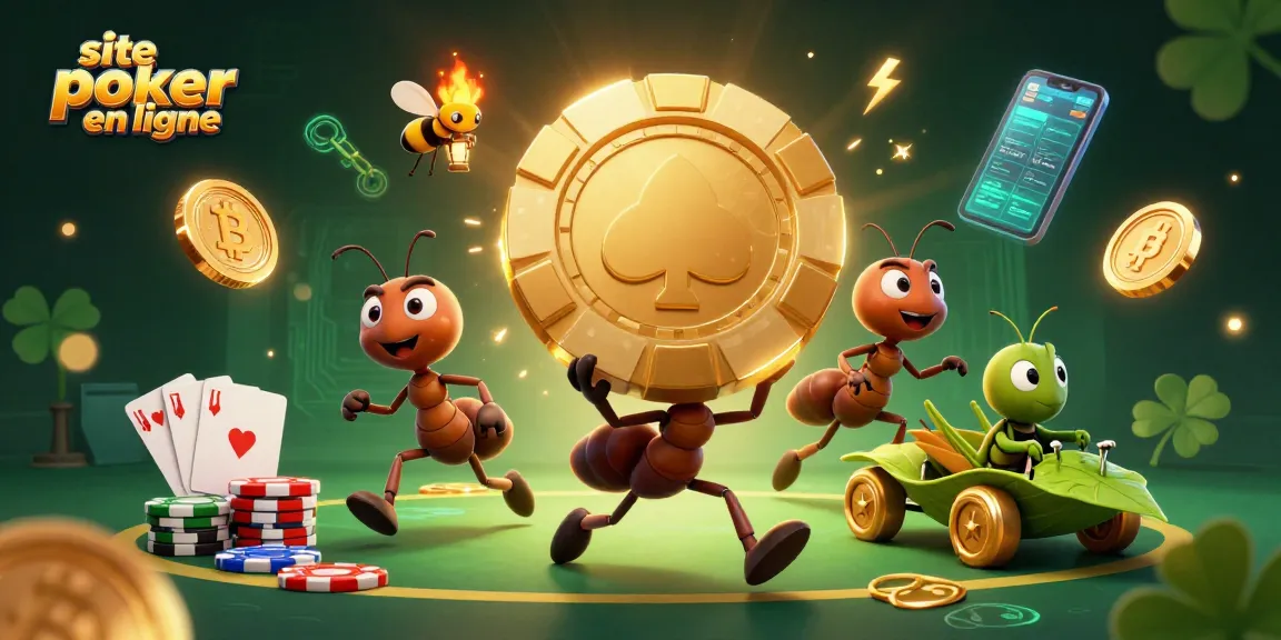 Jouer sur un site de poker en ligne avec une équipe de fourmis transportant une puce de poker dorée, entourée d'éléments de poker et de crypto-monnaies.
