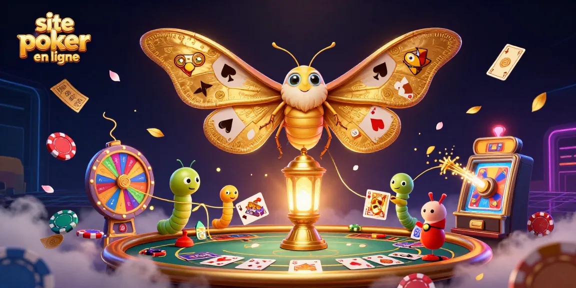Jouez sur un site de poker en ligne avec une scène dynamique de poker illustrée par un papillon atlas en 3D.