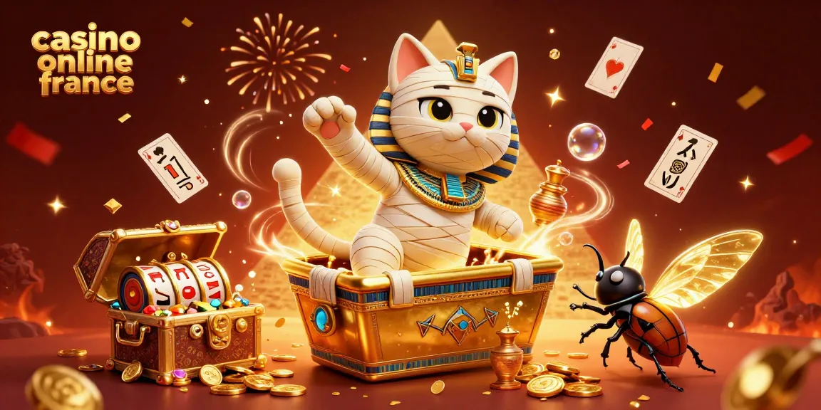 Une illustration animée représentant un chat momie égyptien dans un casino pyramidal, mettant en avant le casino en ligne France avec des éléments de jeu.