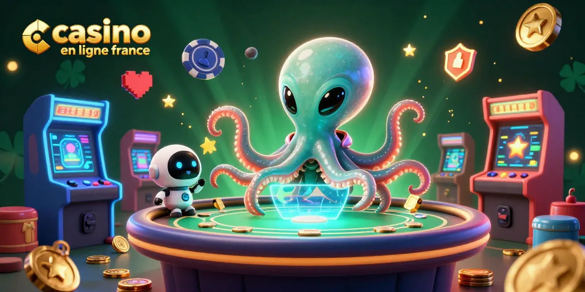 Découvrez des jeux au casino en ligne France avec une illustration d'un octopus spatial et un robot.