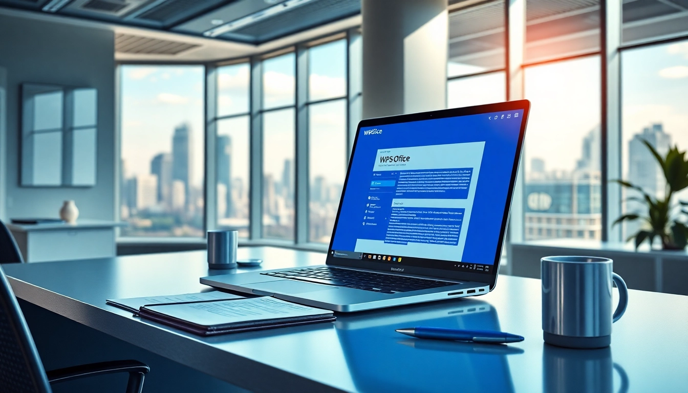 专业办公工作区,笔记本电脑上运行 WPS Office 软件,强调提升工作效率。