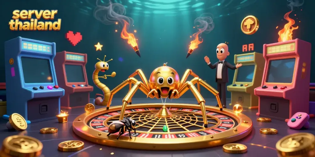 Experience the thrill of betting at server thailand with a colorful 3D casino scene featuring a spider croupier.