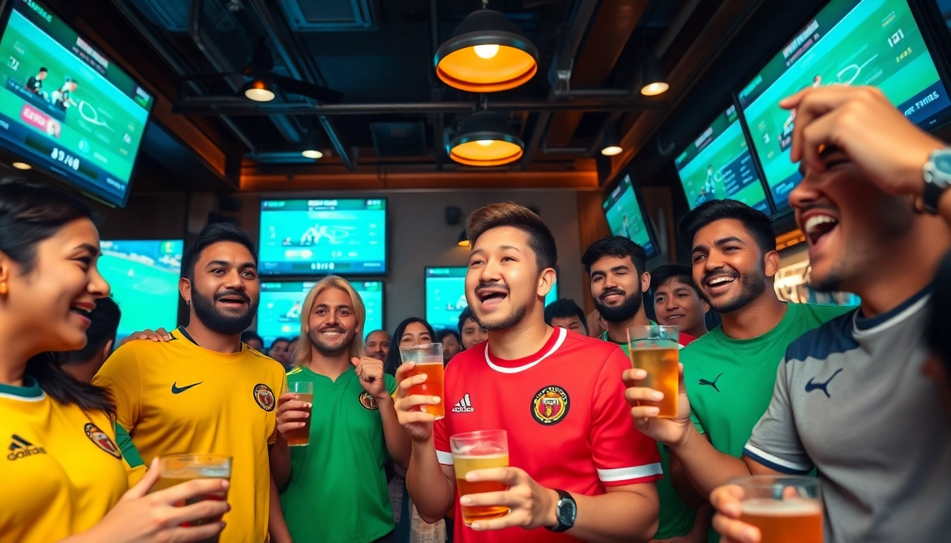 Exciting football betting scene highlighting tỷ lệ kèo in a modern sports bar.