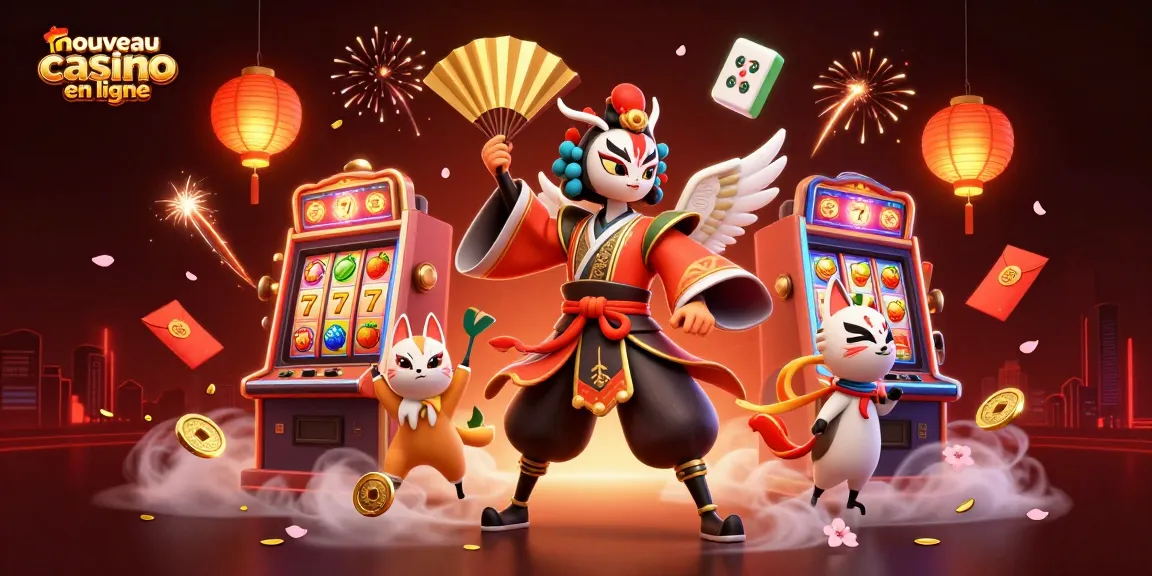 Gagnez au nouveau casino en ligne avec une illustration captivante d'un guerrier kabuki, jetant des lanternes et des pièces d'or.