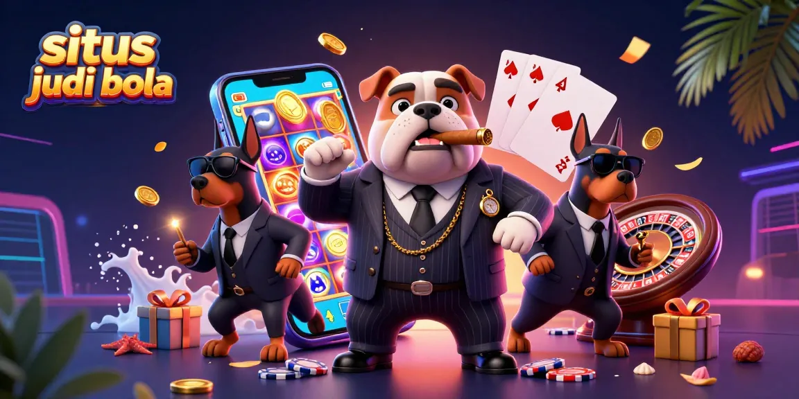Engage in situs judi bola with energetic 3D illustration of a mafia bulldog and Doberman guards amidst gaming elements.