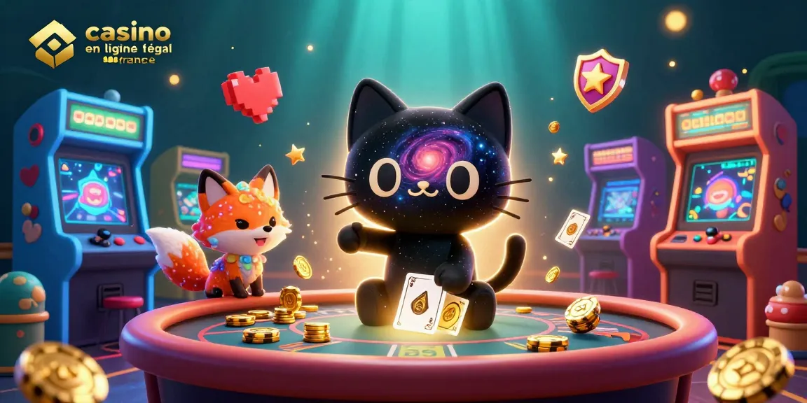 Casino en ligne légal en France : illustration dynamique d’un chat noir trou noir et un renard nébuleux au casino.