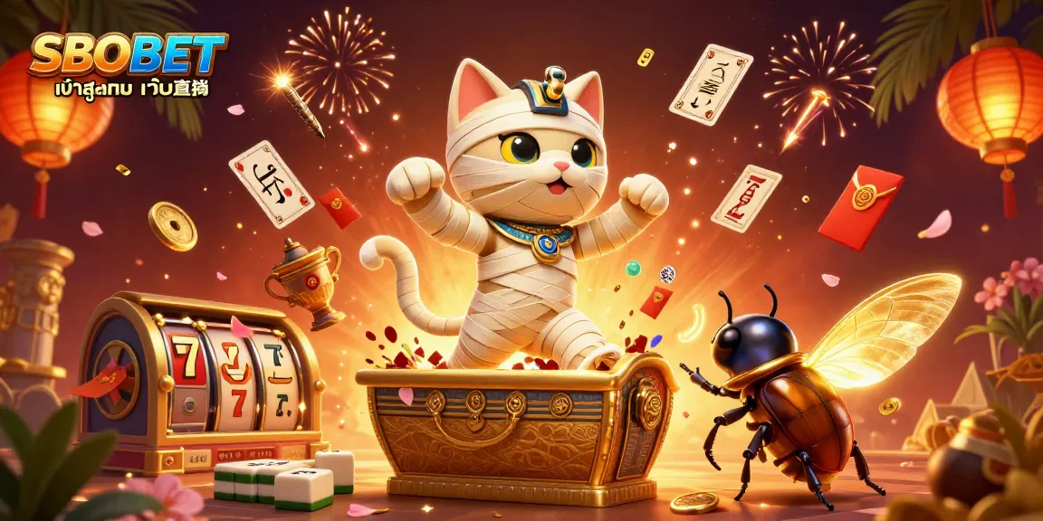 SBOBET เข้าสู่ระบบ เว็บตรง illustrates a vibrant 3D casino scene featuring a mummy cat and scarab beetle amidst slot elements.