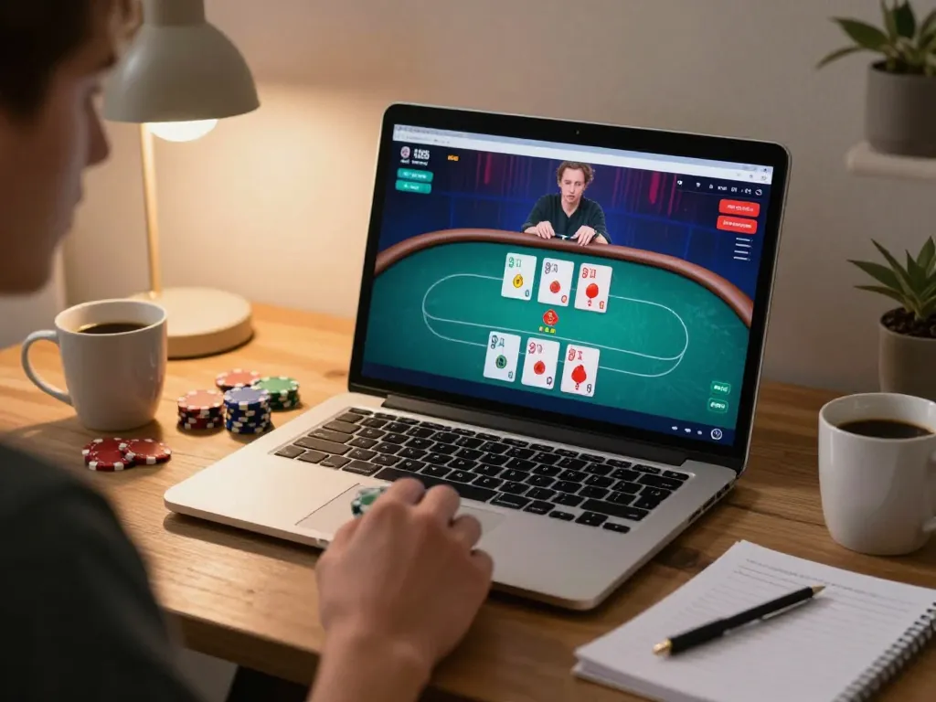Engaging in an online poker game with 79KING, showcasing chips and a focused player.