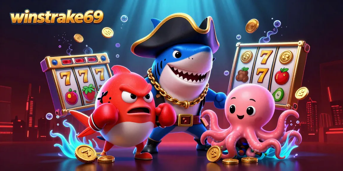 Winstrike69 infuses excitement into gaming with a lively 3D casino illustration featuring vibrant characters and dynamic slots.