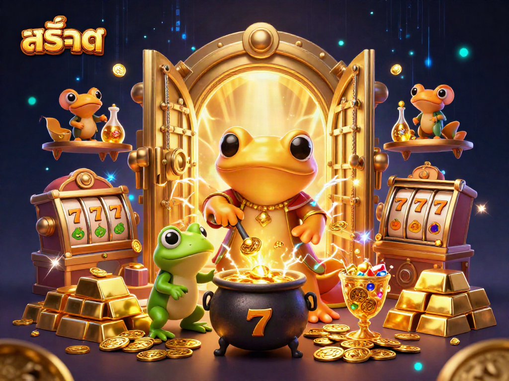 Spin the reels of สล็อต with a golden salamander alchemist in a dynamic, treasure-filled scene.