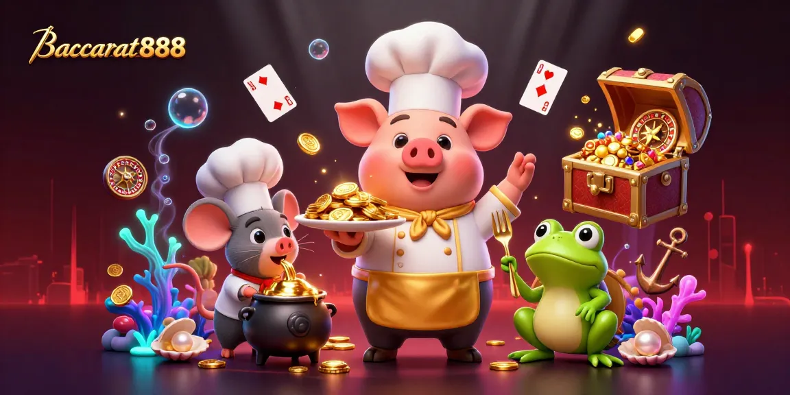 Experience Baccarat888 action with our chef pig serving gold coins amidst lively casino elements!