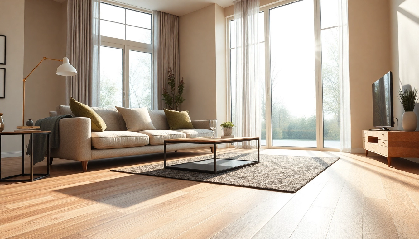 Showcasing luxury vinyl flooring in a modern living room with a cozy design and natural light.