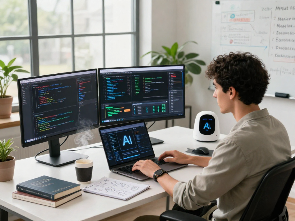 Crush on AI: Developer working on innovative AI solutions in a sleek tech workspace with monitors and strategic notes.
