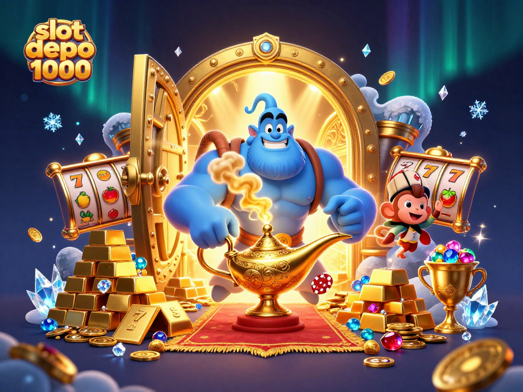 Sensasi menang bermain slot depo 1000 dengan gambar jin biru dan tumpukan harta karun.