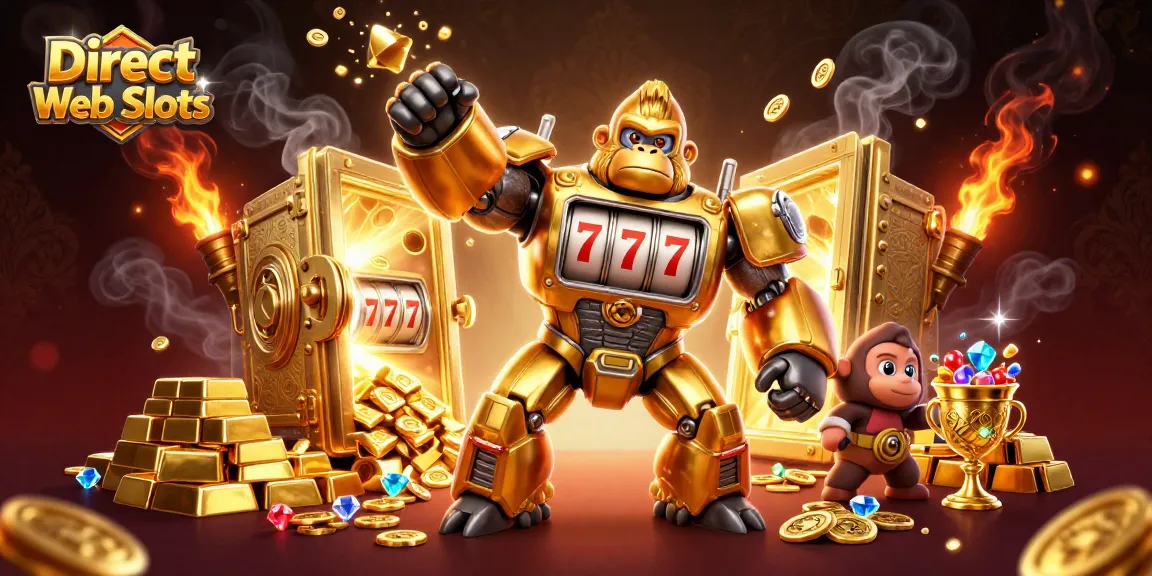 Experience Direct Web Slots excitement with a golden gorilla mech celebrating jackpot wins amidst treasures.
