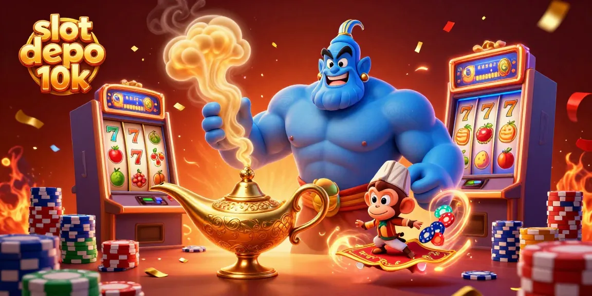 Experience thrilling gameplay with slot depo 10k, featuring a magical genie scene filled with vibrant poker elements.