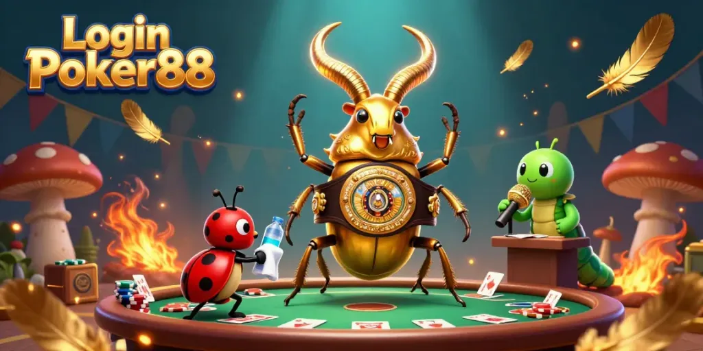 Intense scene illustrating Login Poker88 with a giant stag beetle as champion, vibrant poker elements.